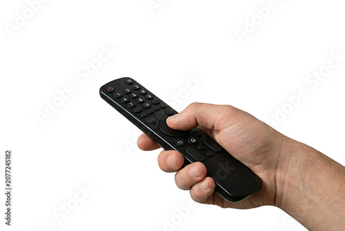 Man hand holding black TV remote control isolated on transparent PNG background, minimal object, copy space, cutout