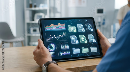 Doctor holding digital tablet displaying patient health data charts and medical dashboard with dashboard analysis technology professional healthcare
