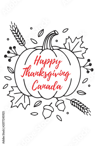 Thanksgiving, Happy Thanksgiving Canada, Pumpkin, Fall Leaves, Vector Illustration