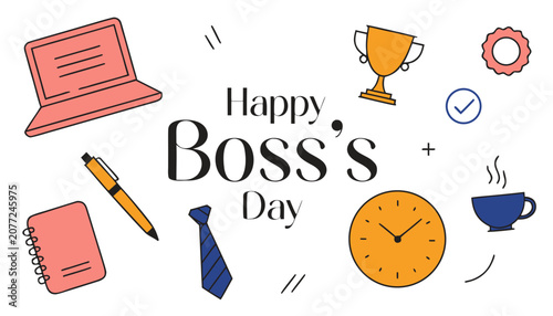 Happy Boss's Day, office celebration icons, business vector graphics, workplace symbols