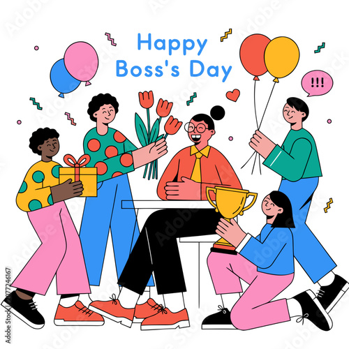 Boss's Day, Happy Boss's Day, Office Celebration, Teamwork Vector Illustration