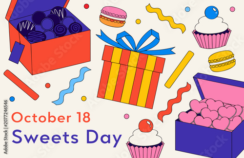 Colorful sweets, desserts icons, October 18 Sweets Day celebration, vector treats