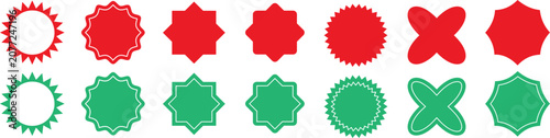 Obraz na płótnie A vibrant arrangement of red and green geometric shapes, including stars, circles, and crosses, are scattered across a plain surface in a creative and playful pattern