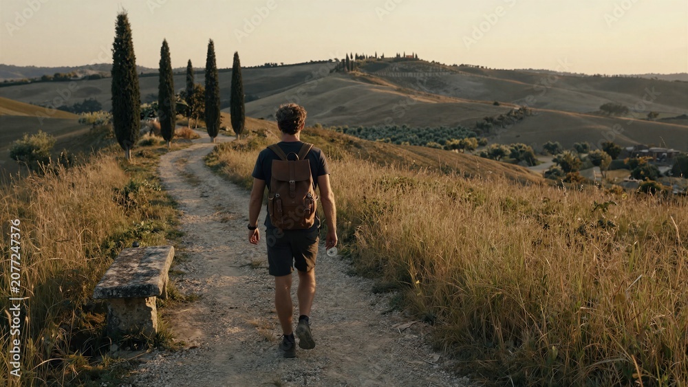 Fototapeta premium A lone man hikes along a dirt path in the Italian countryside, surrounded by golden grasses and cypress trees.