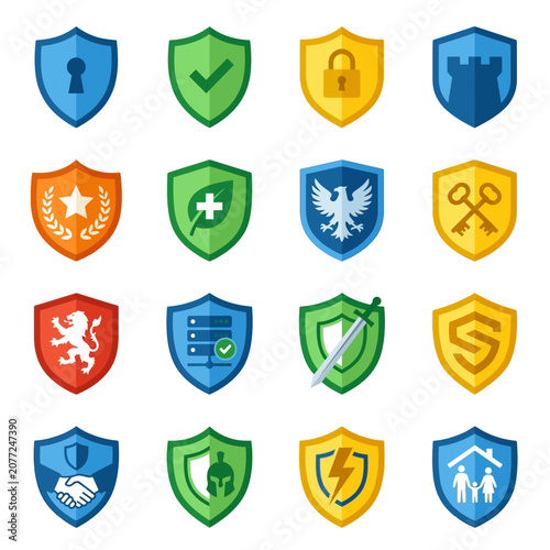 Shield icons set collection representing security protection and safety symbols