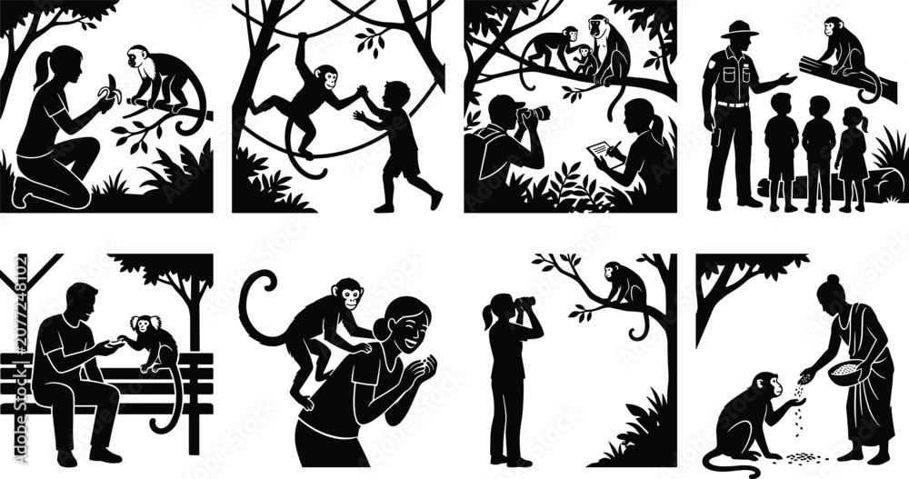 Obraz premium Illustration of Human and Monkey Interactions in Natural and Park Settings Collection