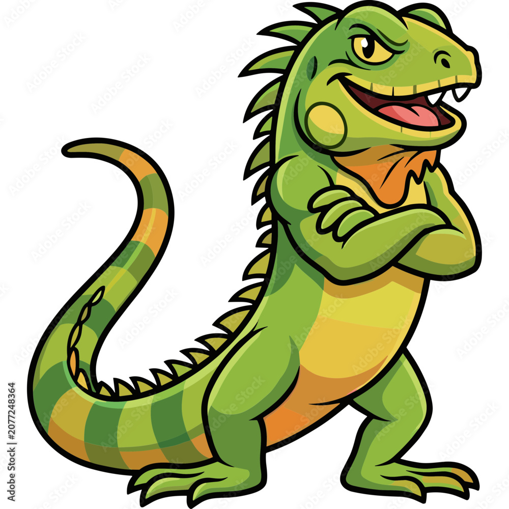 Obraz premium A cartoon green lizard stands confidently with crossed arms.