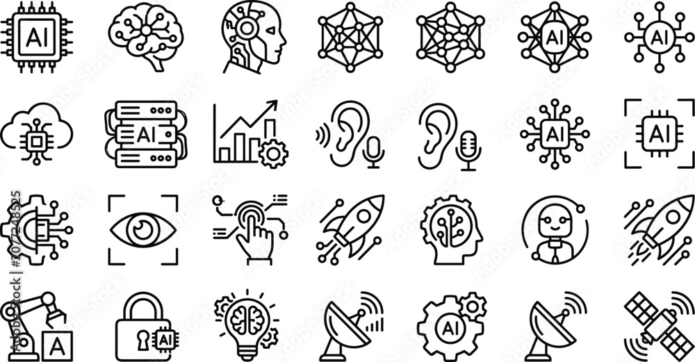 Fototapeta premium Artificial intelligence icons set vector line elements for technology and machine learning