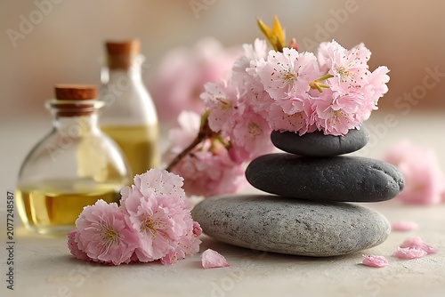 Relaxing spa composition with pink cherry blossoms, stacked stones, essential oil bottles, and soft background lighting