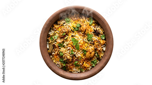 Traditional chicken biryani served in a rustic clay pot with aromatic basmati rice, spices, and fresh herbs on white background