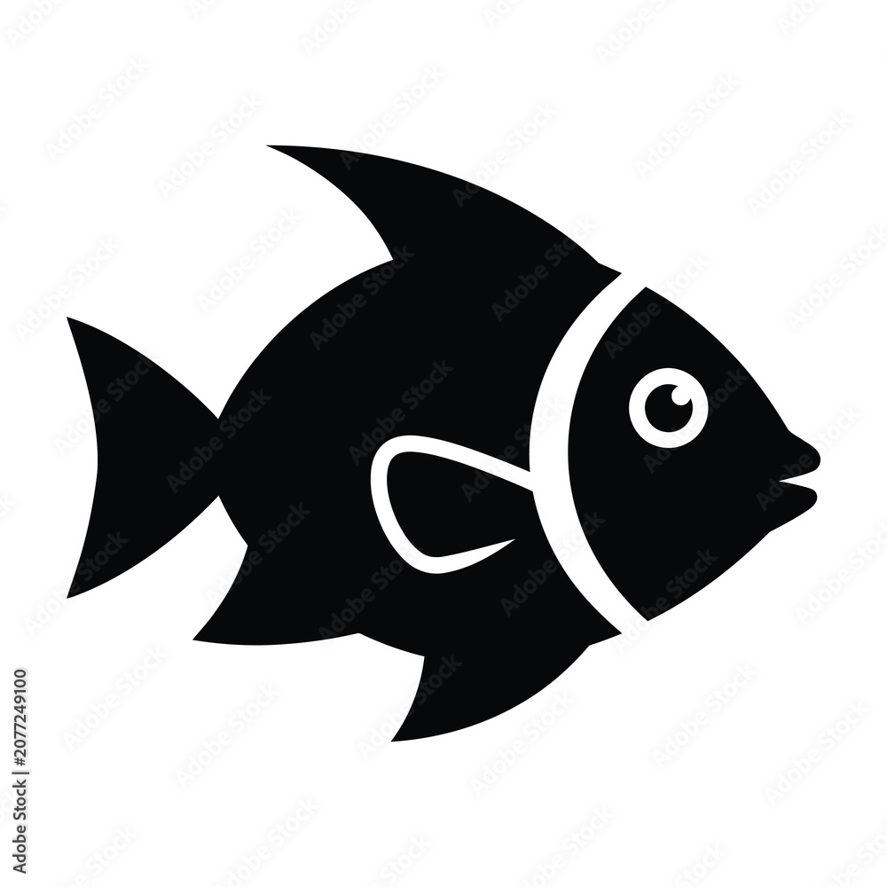 Fototapeta premium Black fish icon with white details swimming right on plain background
