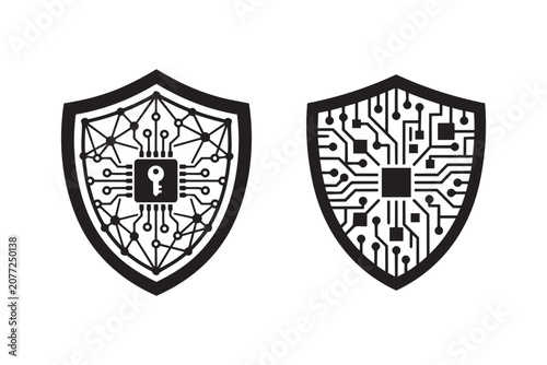 Two protective cyber security shields featuring digital circuit board patterns and a central key icon