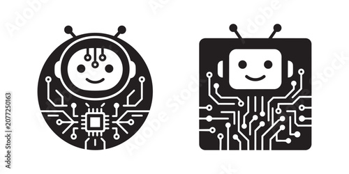 Two modern digital robot characters with integrated circuit patterns in a flat and simple silhouette style