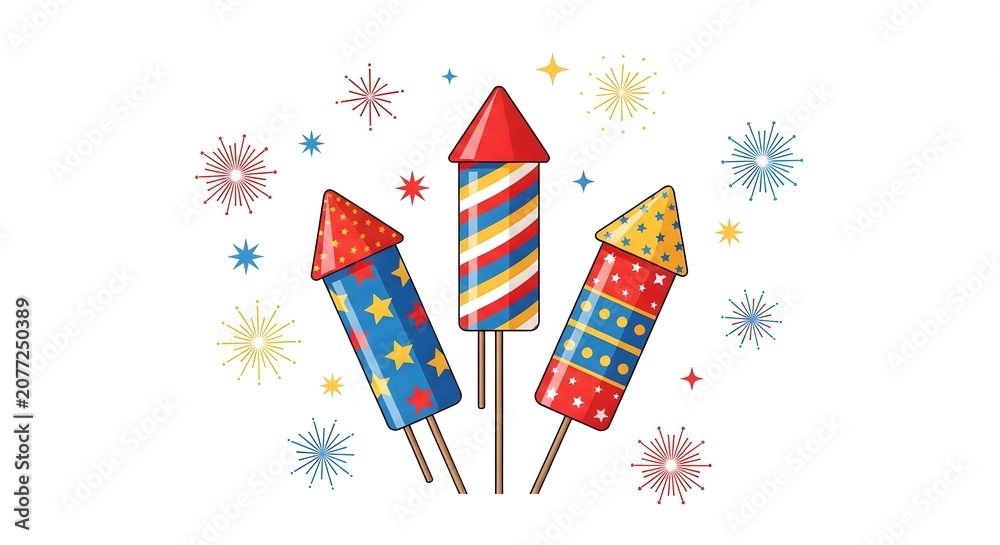 Obraz premium Colorful firework rockets with sparkling star patterns