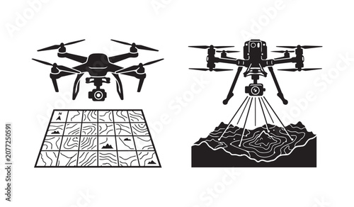 Unmanned aerial vehicle drone systems conducting geographic land survey and topographic mapping of terrain landscape features