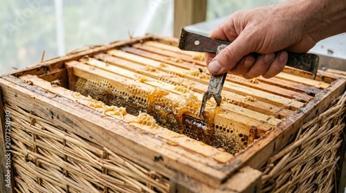 Beekeeper using a tool to extract honey from a full honeycomb frame in a busy hive