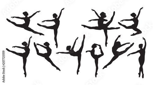 Fotografía Graceful ballerina silhouettes set, elegant ballet dancer poses in black vector
