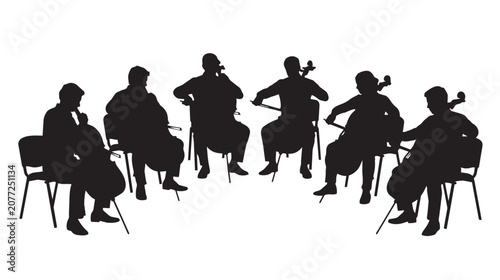 Canvastavla Cello ensemble silhouette vector, group of six cellists performing classical mus