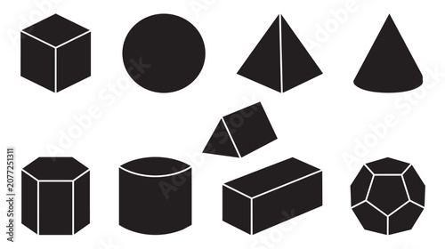 Fotografía Geometric 3D shapes set, black solid primitive icons for education, volumetric m