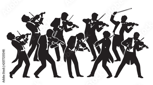 Foto Symphony orchestra violinists silhouette, classical music performers in tuxedos,
