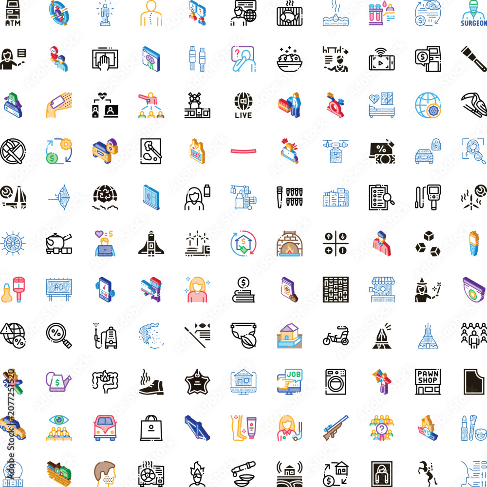 Naklejka premium Large colorful vector icon set of diverse flat and line art symbols for ui, web and mobile apps, business, tech, health, travel, food, shopping, home, nature, people, services