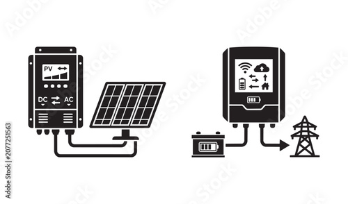 Vector icons representing solar power inverters and energy storage systems with grid output management flow