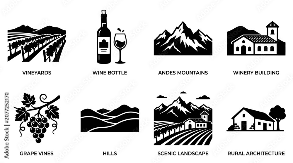 Fototapeta premium Vineyards and Winemaking Cultural Heritage Icon Set