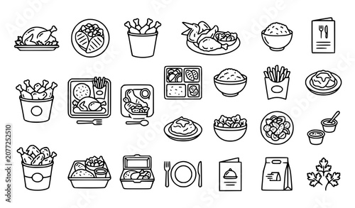 Fast Food and Restaurant Line Icons Collection Featuring Burgers Pizza Fries Noodles Coffee and Meals