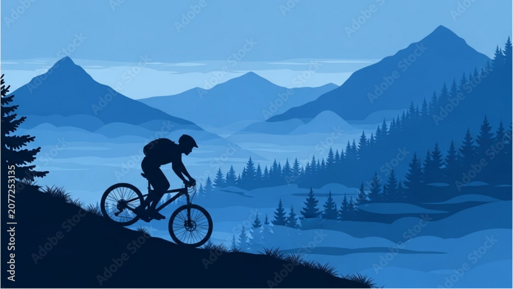 Fototapeta premium Cyclist riding mountain bike down hill with trees and mountains
