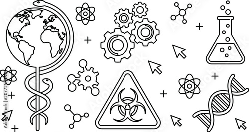 Tableau sur toile Science biotechnology line icon set with dna helix biohazard flask gears atom an