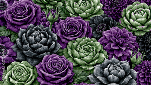 Pattern of purple roses and green succulents in botanical arrangement