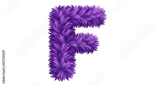 Tableau sur toile The letter F is recreated with purple feathers on a white background