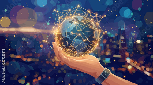 Tableau sur toile Person holds glowing networked globe above cityscape at night