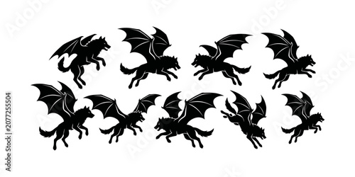 Canvastavla Flying wolf pack silhouettes with dragon wings showing dynamic pack movement and magical creature action for fantasy storytelling gaming assets and mythical beast character design projects