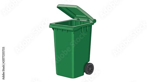 Foto Vector illustration of a green trash can with one wheel and open lid outdoors