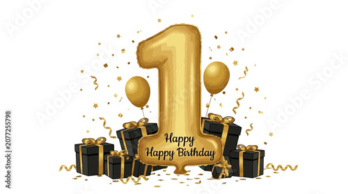 Cuadro en lienzo Golden number one birthday decoration with gifts and balloons