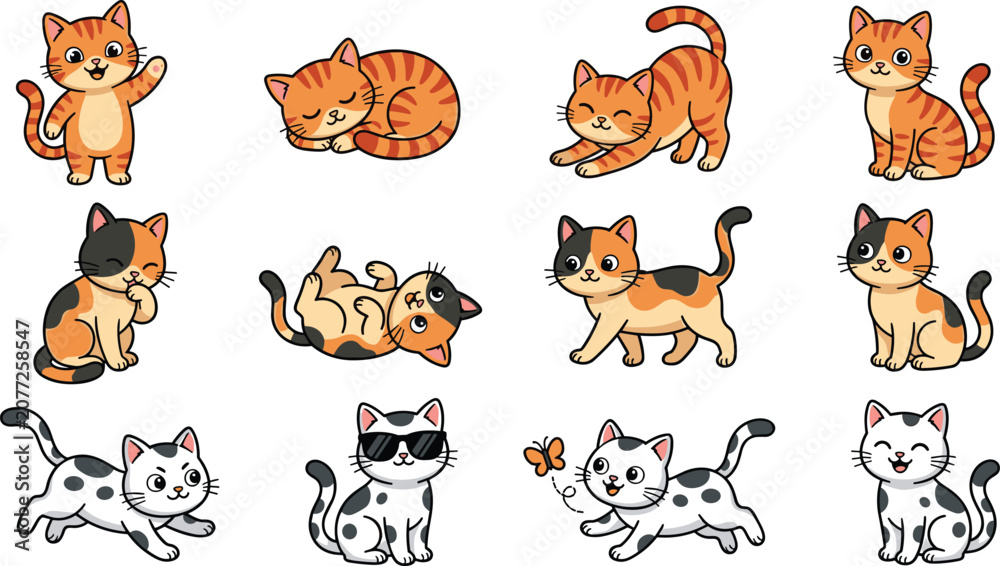 Fototapeta premium Cute cartoon cat collection featuring tabby calico and spotted kittens in playful sleeping stretching and happy poses vector illustration isolated on white background