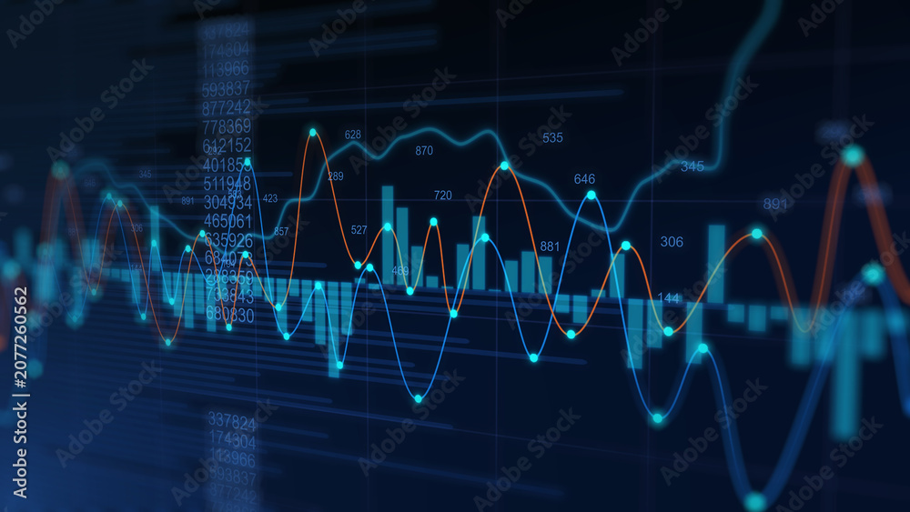 Naklejka premium Stock market Futuristic Financial Market Chart and Digital Index Graph Display Showing Global Economic Growth, Investment Strategy Trends, Profit Analysis
