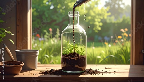 Glass bottle of water on wooden table outdoors.