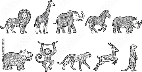 Canvas Print African safari wild animals set with intricate geometric mandala patterns outlin