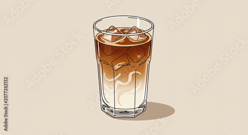 A glass of cold coffee drink with ice cubes on a table
