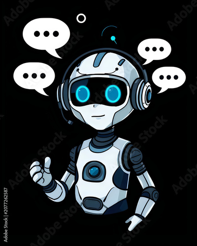 Dark background illustration of futuristic robot mascot with headset and glowing features.