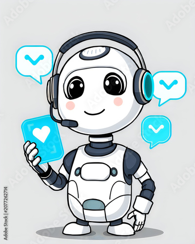 Cute robot character with headset and speech bubbles for customer support mascot concept.