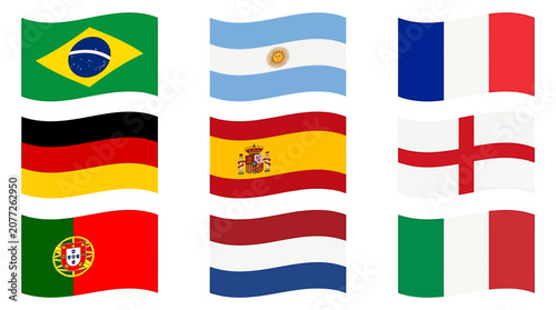 Set of nine national flags from different countries waving in the wind.