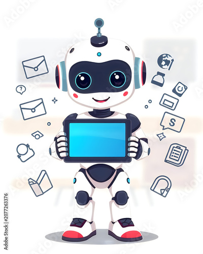 Modern cute robot helper holding glowing tablet with floating digital icons in school.