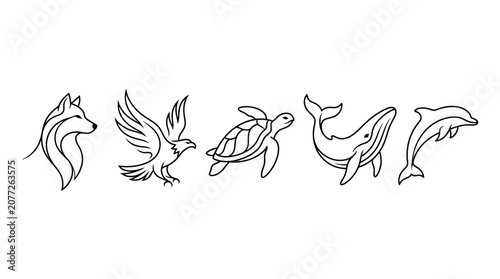 Photography One Line Art Wild Animals Collection, Fox Eagle Turtle Whale Dolphin, Minimalist