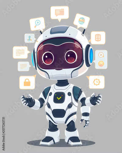Cute robot with big eyes showcasing digital icons for communication and security.
