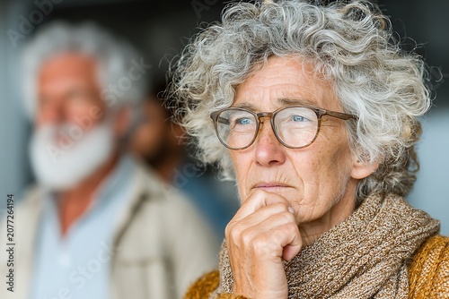 Thoughtful senior woman with glasses deep in thought during indoor gathering, aged gray hair, caring expression, warm clothing, social event