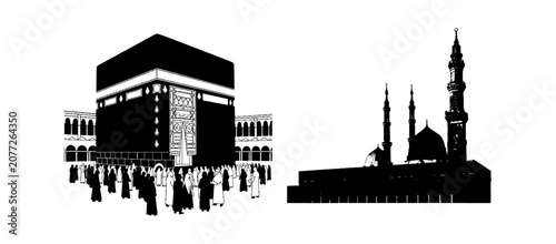 Black silhouette icons of the kaaba in mecca and the prophet mosque in medina representing islamic holy places for religious events and travel design isolated on transparent background, Vector