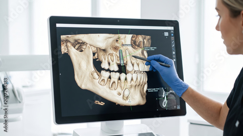Dentist analyzing 3D jaw scan for dental implant placement